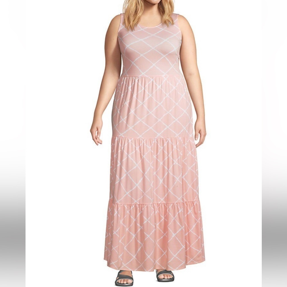 Lands End Soft Cotton Blend Knit Tiered Maxi Dress, Peach, Sleeveless, Sz XL(18)